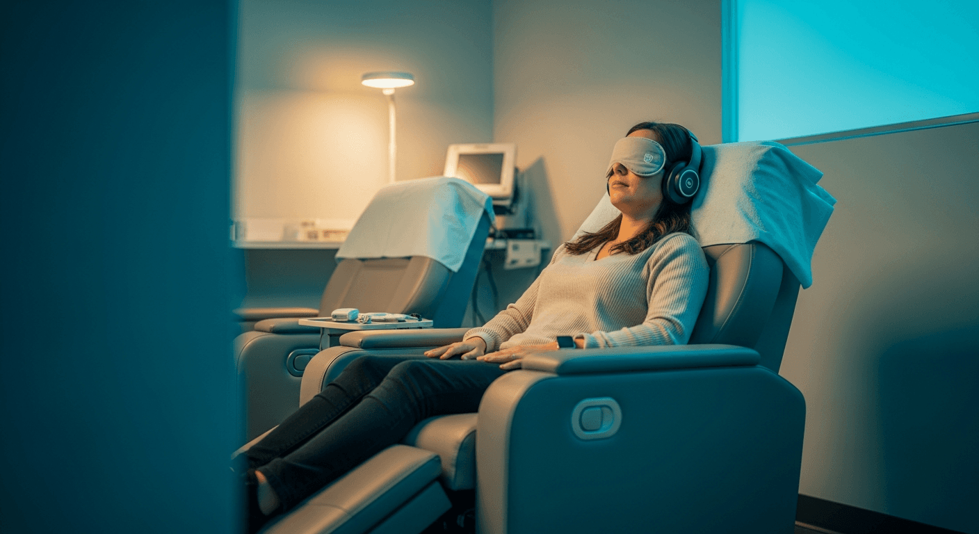 Patient relaxing peacefully in a therapy chair wearing eye mask and headphones during ketamine therapy session